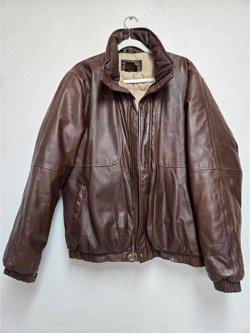 Vintage Eddie Bauer Jacket Mens L Brown Leather Goose Down Bomber Insulated READ